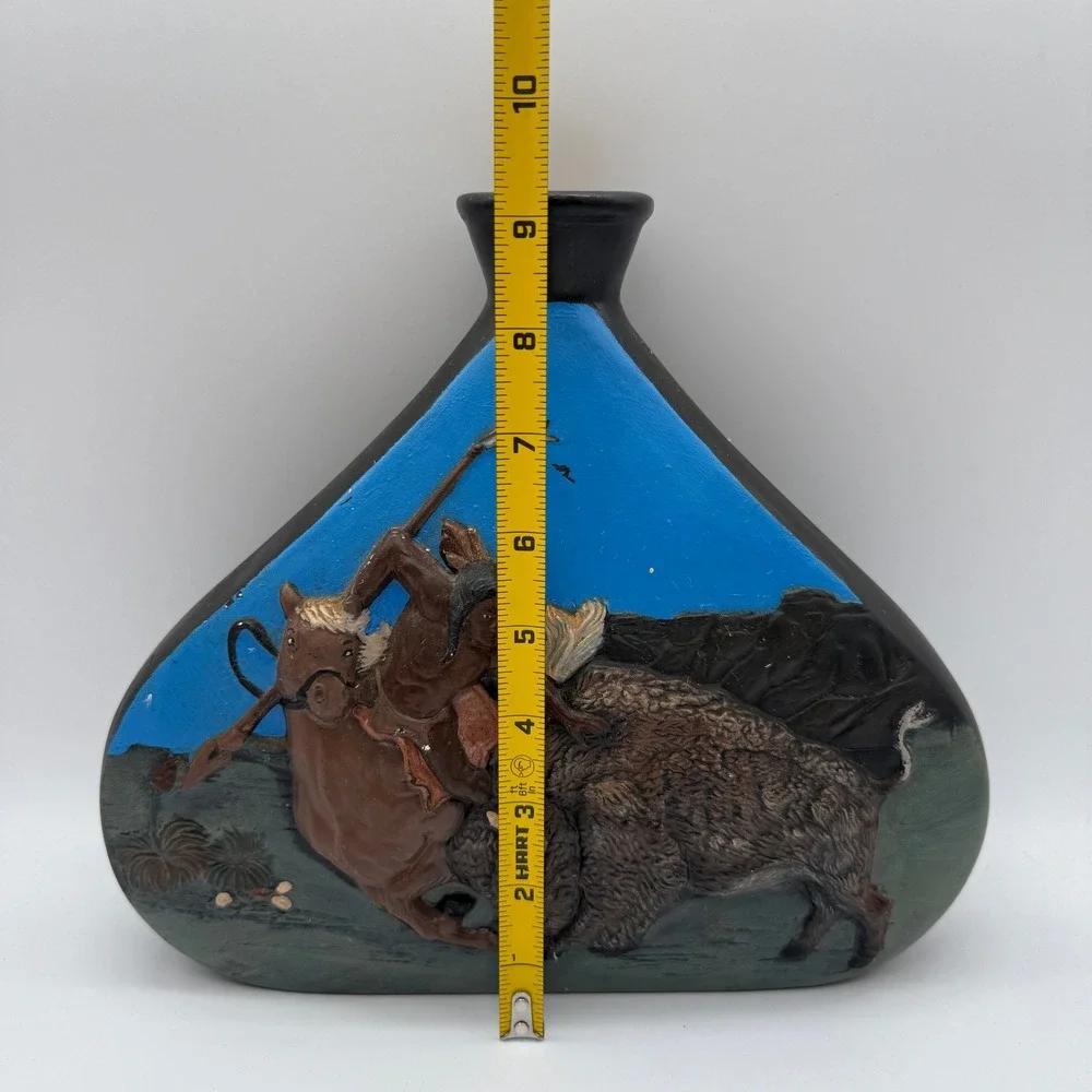 Buffalo Hunt Relief Vase Hand Painted Native American Style Black Blue 9in Art